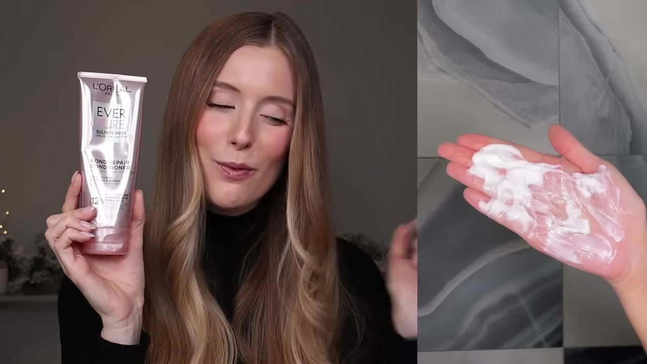 @abbeyyung reviewing L'Oreal Paris Everpure Bond Repair Conditioner at 20:57 in a YouTube Shorts video