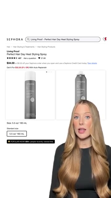 @abbeyyung reviewing Living Proof Perfect hair Day Heat Styling Spray at 00:25 in a YouTube Shorts video