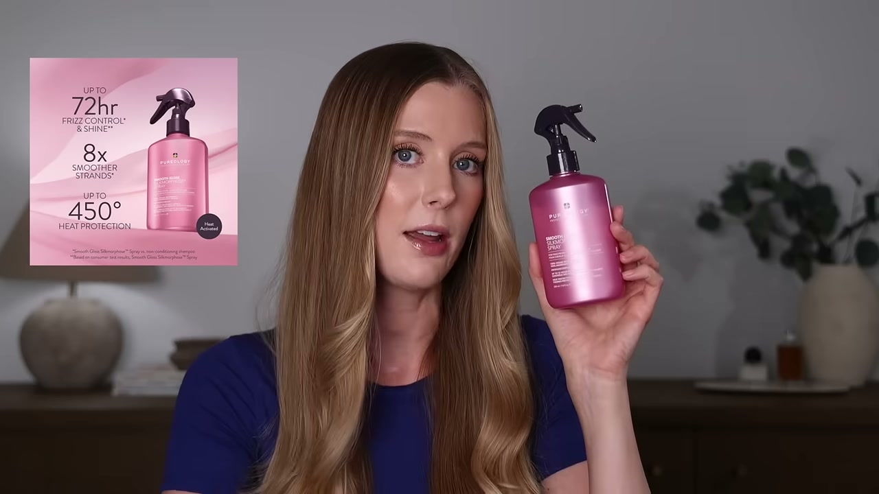 @abbeyyung reviewing Pureology Smooth Gloss Silkmorphose Spray at 24:41 in a YouTube Shorts video