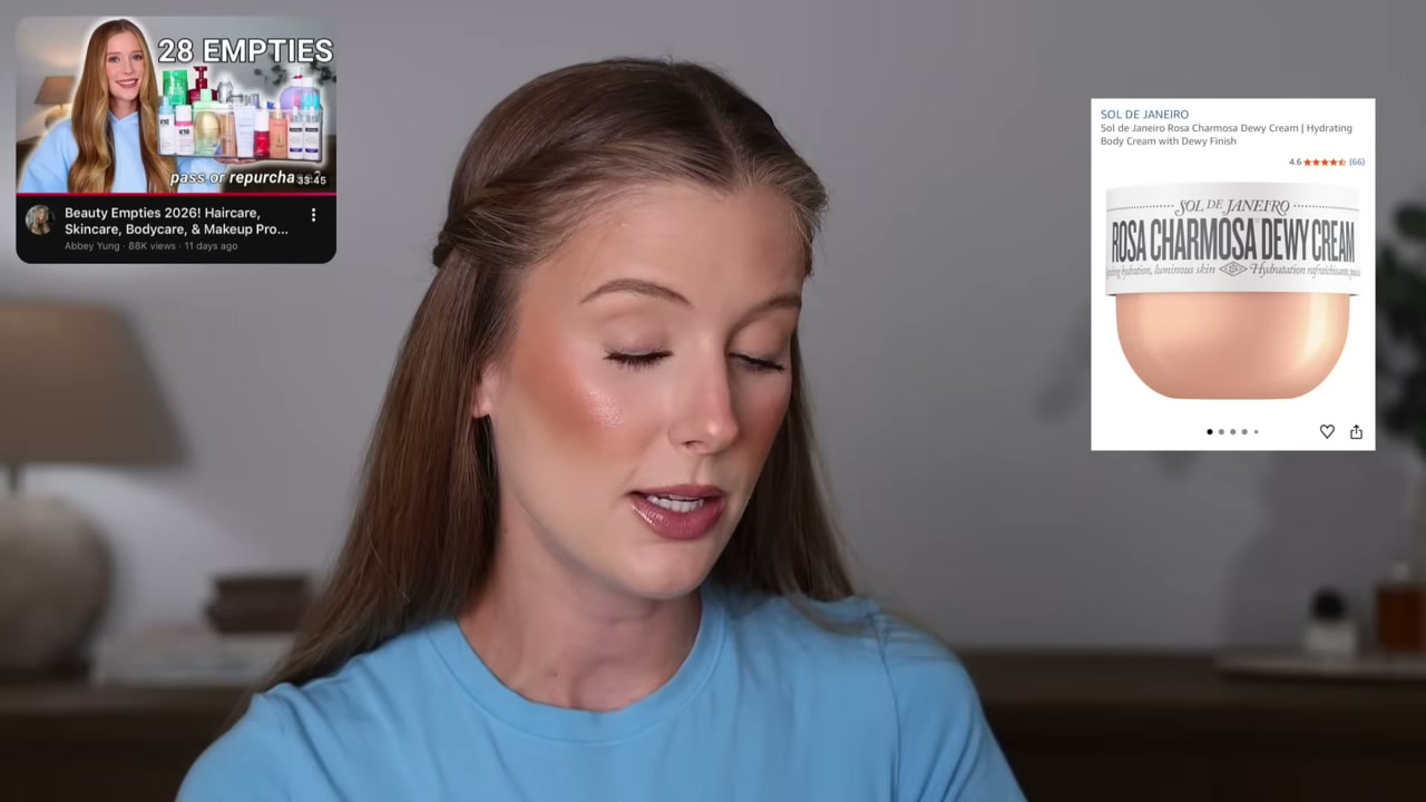 @abbeyyung reviewing Sol de Janeiro Rosa Charmosa Body Cream at 14:42 in a YouTube Shorts video