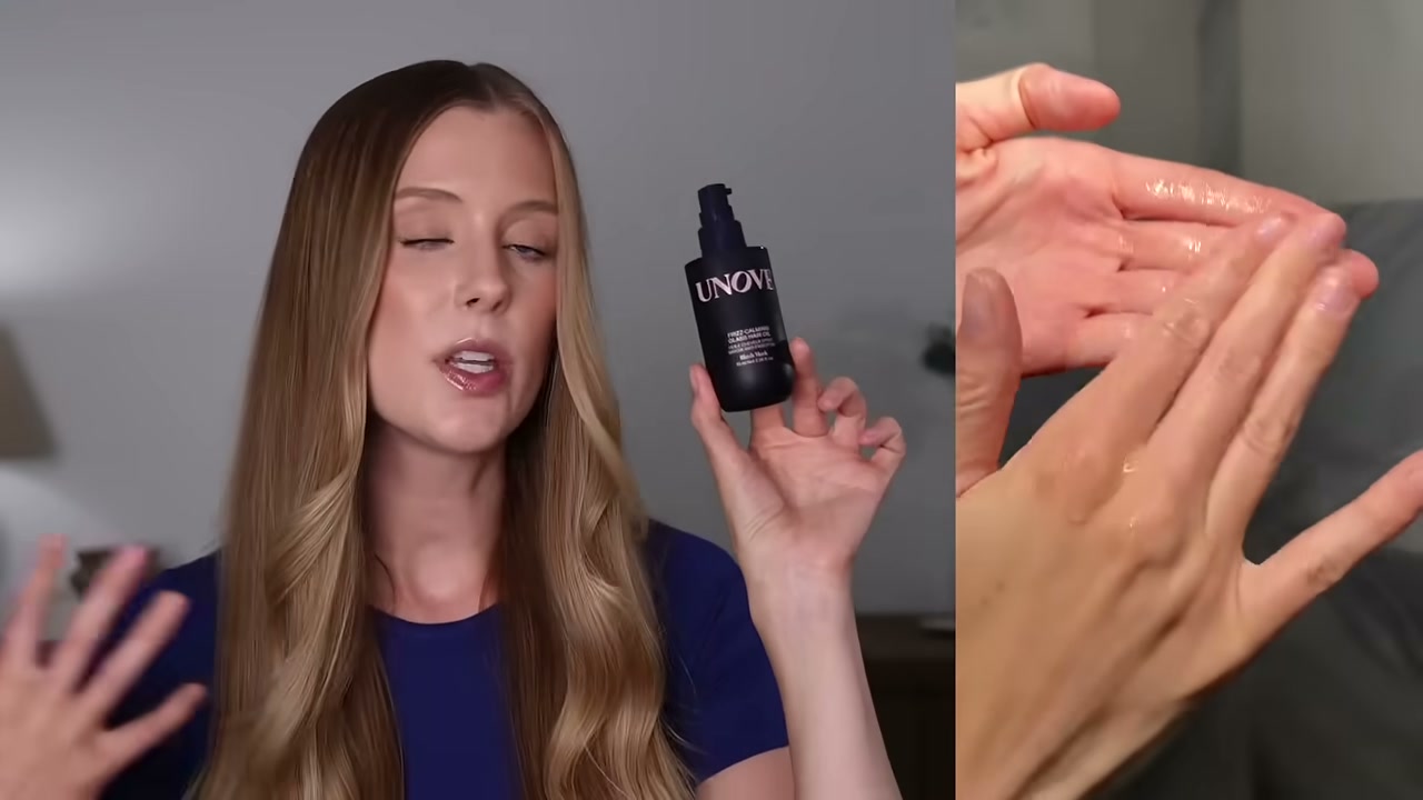 @abbeyyung reviewing UNOVE Frizz Calming Glass Hair Oil at 46:36 in a YouTube Shorts video