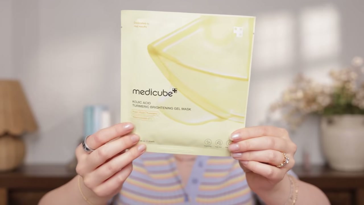 @allieglines reviewing Medicube Turmeric Brightening Gel Mask at 02:32 in a YouTube Shorts video