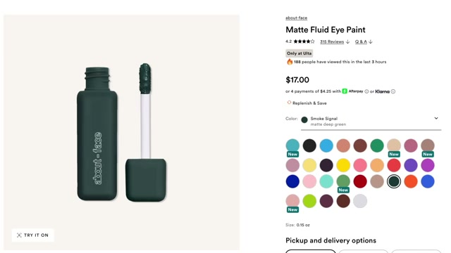 @andreamatillano reviewing About-Face Matte Fluid Eye Paint at 26:30 in a YouTube Shorts video