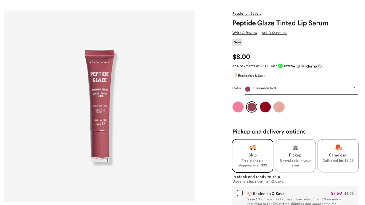 @andreamatillano reviewing Makeup Revolution Peptide Glaze Tinted Lip Serum at 04:23 in a YouTube Shorts video