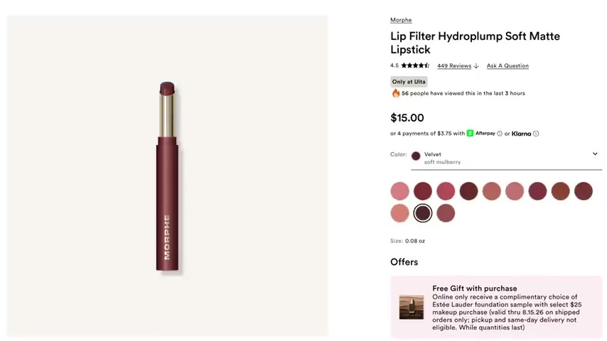 @andreamatillano reviewing Morphe Lip Filter Hydroplump Soft Matte Lipstick at 28:58 in a YouTube Shorts video