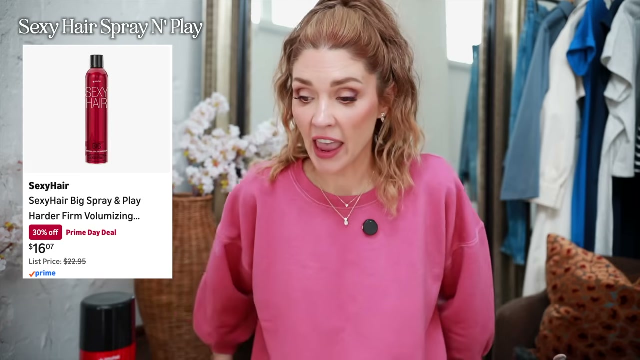 @angela.braniff reviewing Sexy Hair Spray N' Play Volumizing Hairspray at 16:50 in a YouTube Shorts video