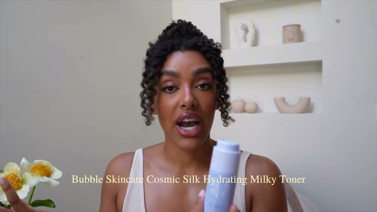 @angela.onuoha reviewing Bubble Skincare Cosmic Silk Hydrating Milky Toner at 08:08 in a YouTube Shorts video