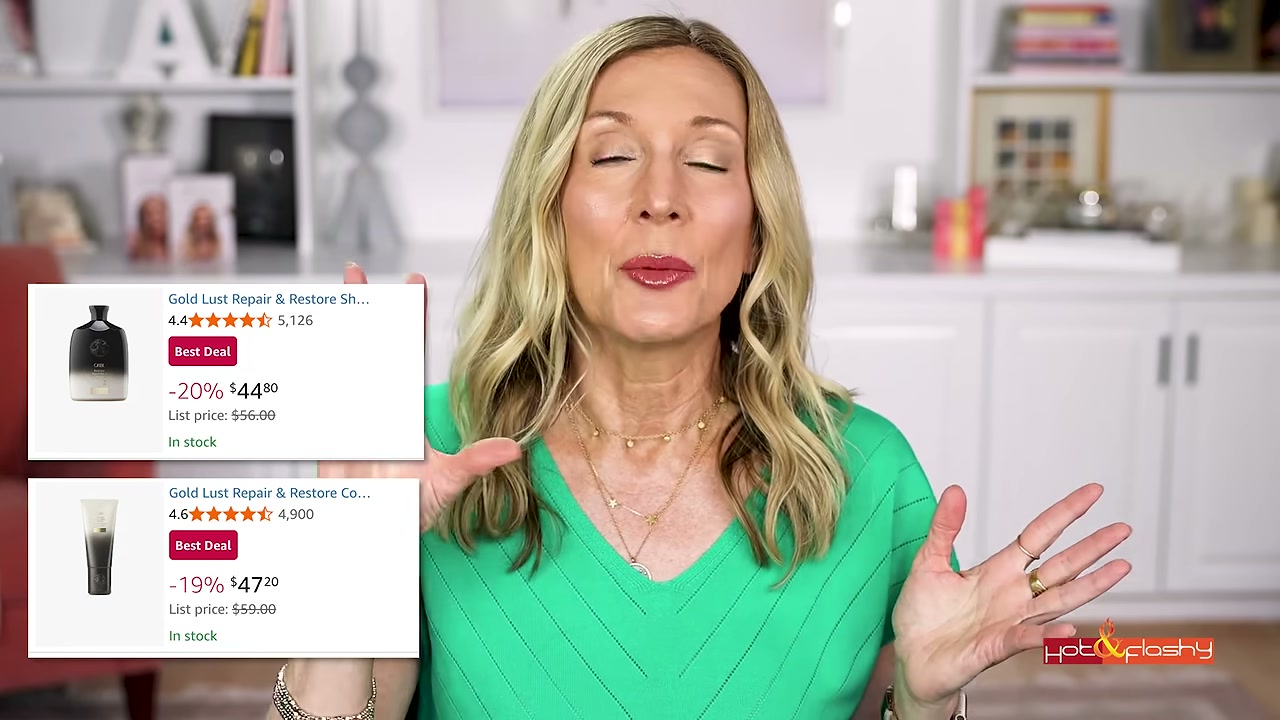 @angiehotandflashy reviewing Oribe Gold Lust Shampoo at 02:16 in a YouTube Shorts video