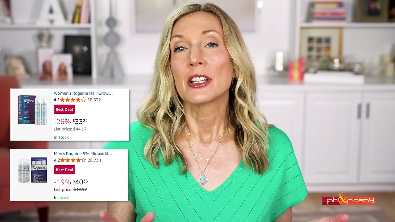 @angiehotandflashy reviewing Rogaine Women's 5% Minoxidil Foam at 05:03 in a YouTube Shorts video