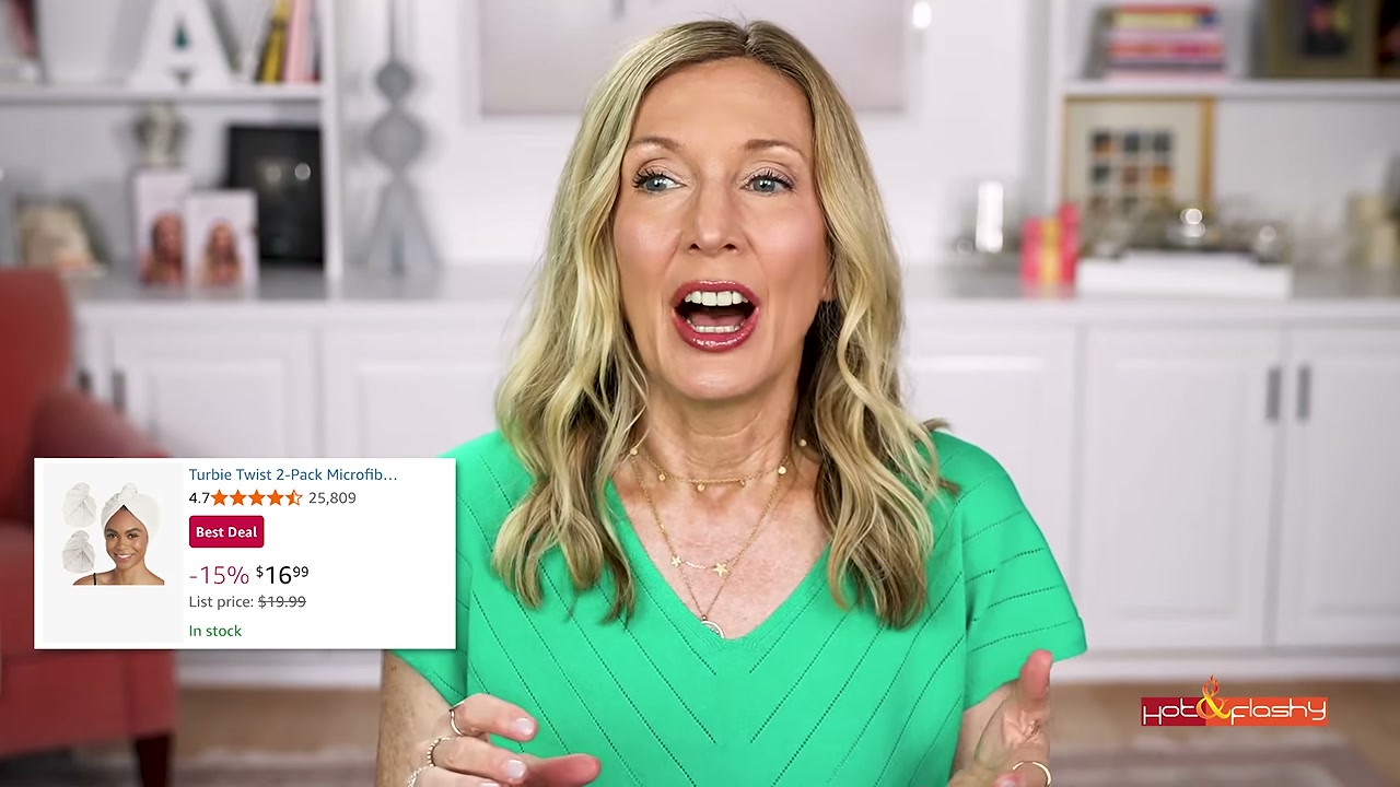 @angiehotandflashy reviewing Turbie Twist Microfiber Hair Towel at 04:55 in a YouTube Shorts video