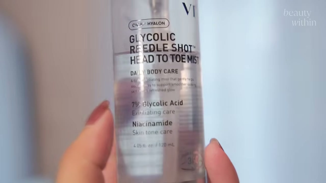 @beautywithin reviewing VT Cosmetics Glycolic Reedle Shot Head to Toe Mist at 02:37 in a YouTube Shorts video