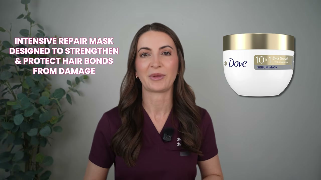 @draleksandrabrown reviewing Dove 10-in-1 Bond Strength Serum Mask at 08:04 in a YouTube Shorts video