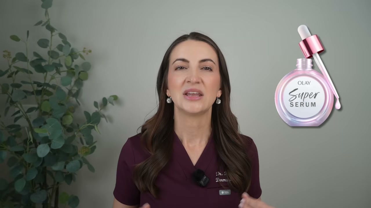 @draleksandrabrown reviewing Olay Super Serum 5-in-1 Renewing Face Serum at 04:12 in a YouTube Shorts video
