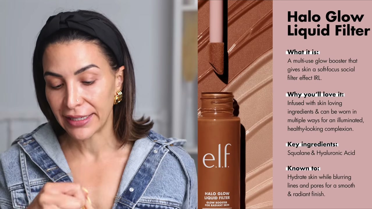 @glamgirlgabi reviewing e.l.f. Cosmetics Halo Glow Liquid Filter at 05:31 in a YouTube Shorts video