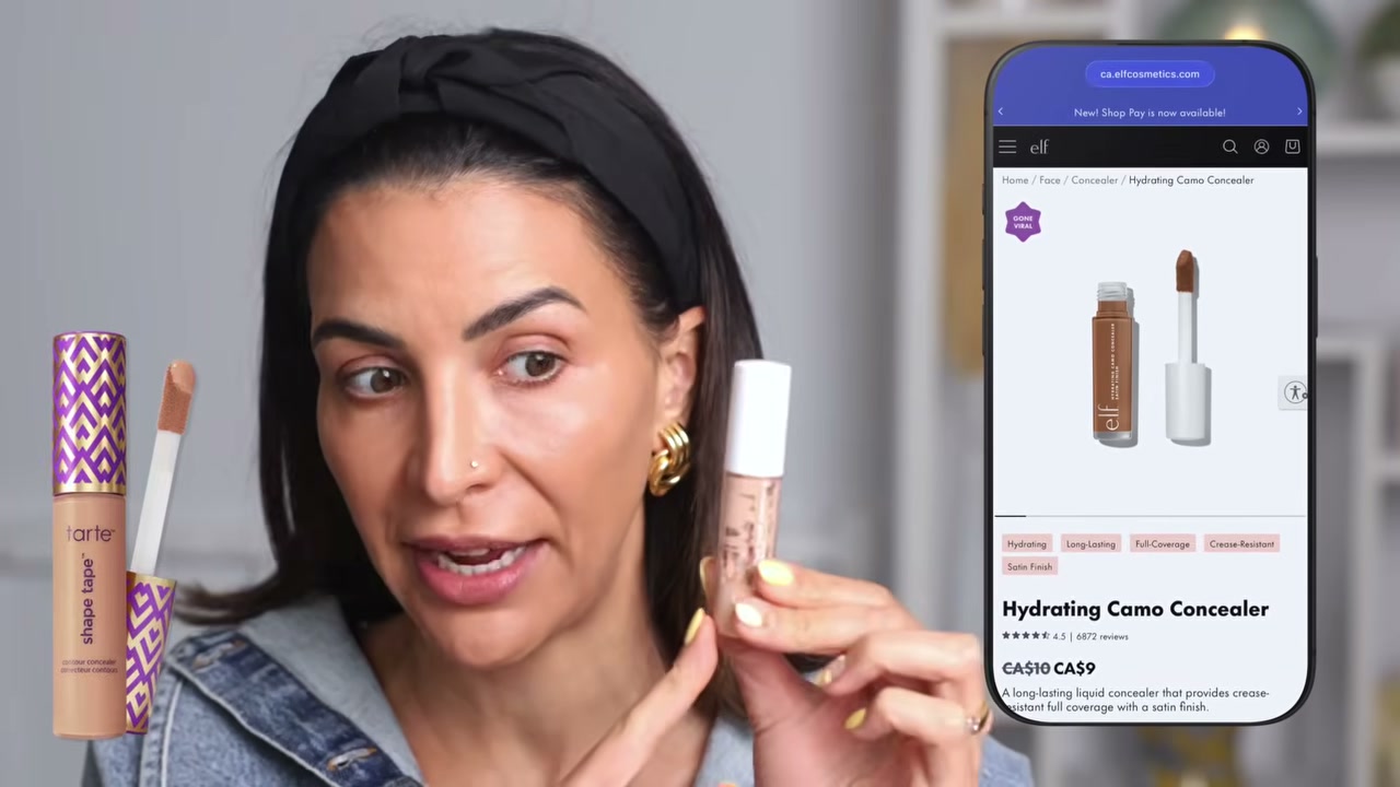@glamgirlgabi reviewing e.l.f. Cosmetics Hydrating Camo Concealer at 08:14 in a YouTube Shorts video