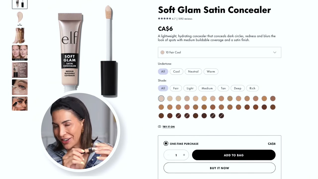 @glamgirlgabi reviewing e.l.f. Cosmetics Soft Glam Satin Concealer at 09:03 in a YouTube Shorts video
