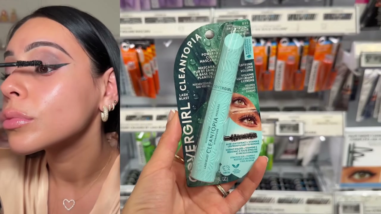 @juicyjas reviewing CoverGirl Lash Blast Cleantopia Waterproof Mascara at 02:48 in a YouTube Shorts video
