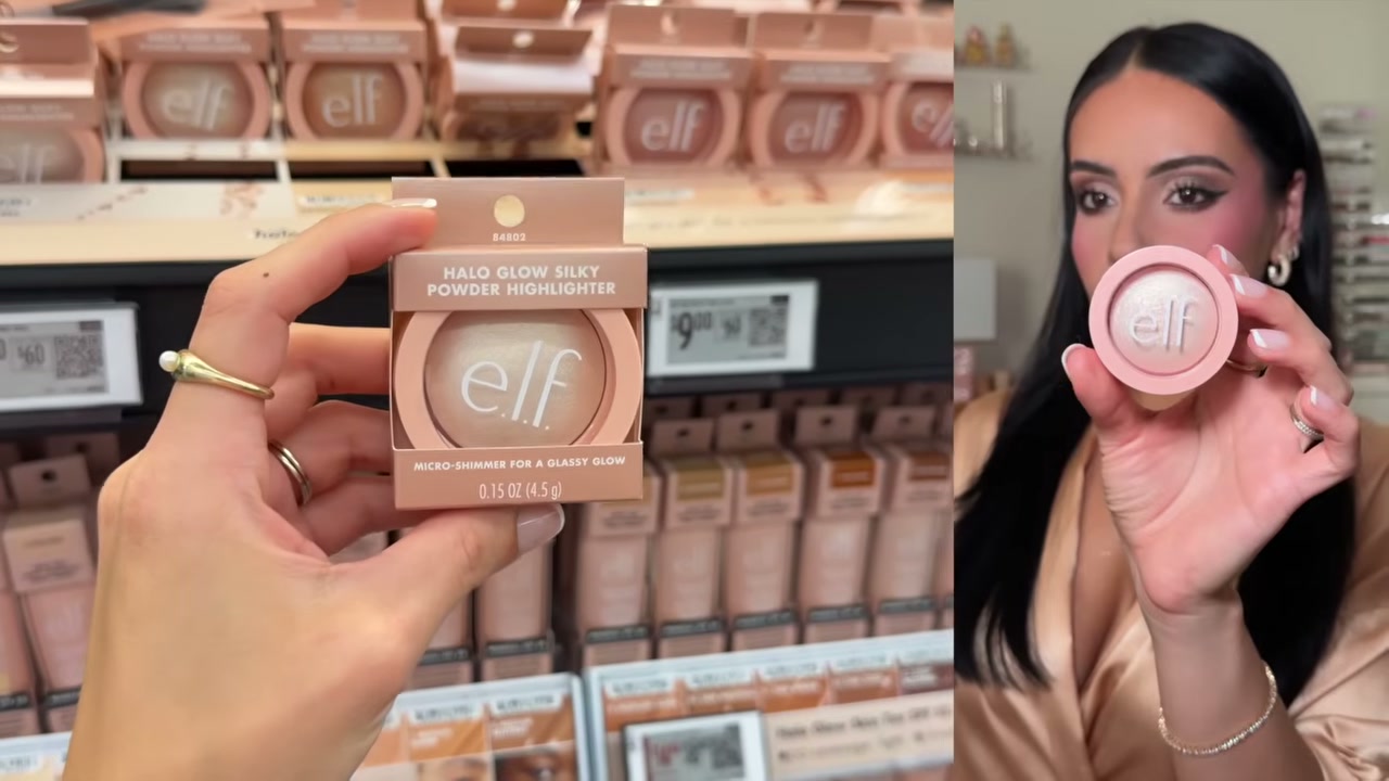 @juicyjas reviewing e.l.f. Cosmetics Halo Glow Silky Powder Highlighter at 14:44 in a YouTube Shorts video