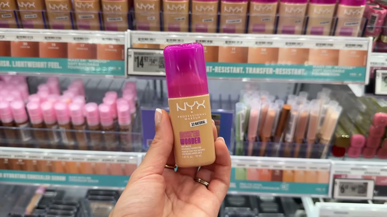 @juicyjas reviewing NYX Make 'Em Wonder Liquid Foundation at 08:57 in a YouTube Shorts video