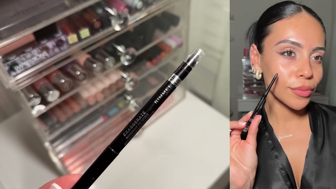 @juicyjas reviewing Rimmel Exaggerate Waterproof Eye Definer at 04:03 in a YouTube Shorts video