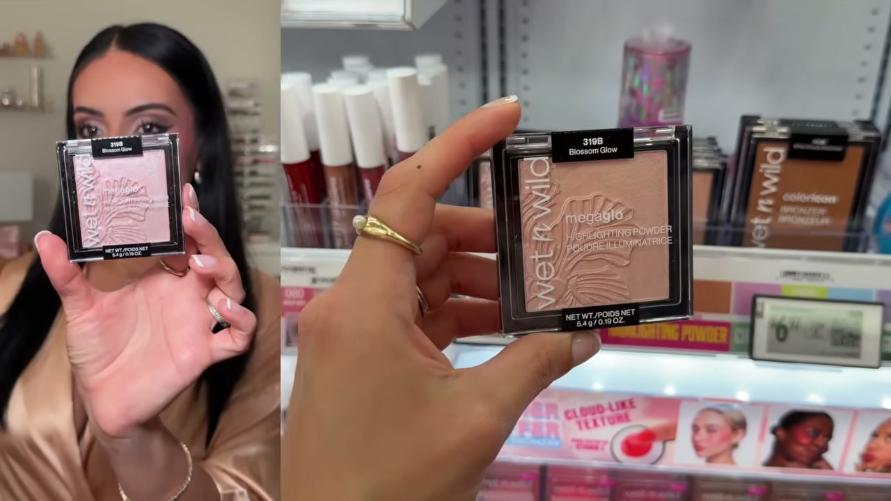 @juicyjas reviewing Wet n Wild MegaGlo Highlighting Powder at 15:25 in a YouTube Shorts video