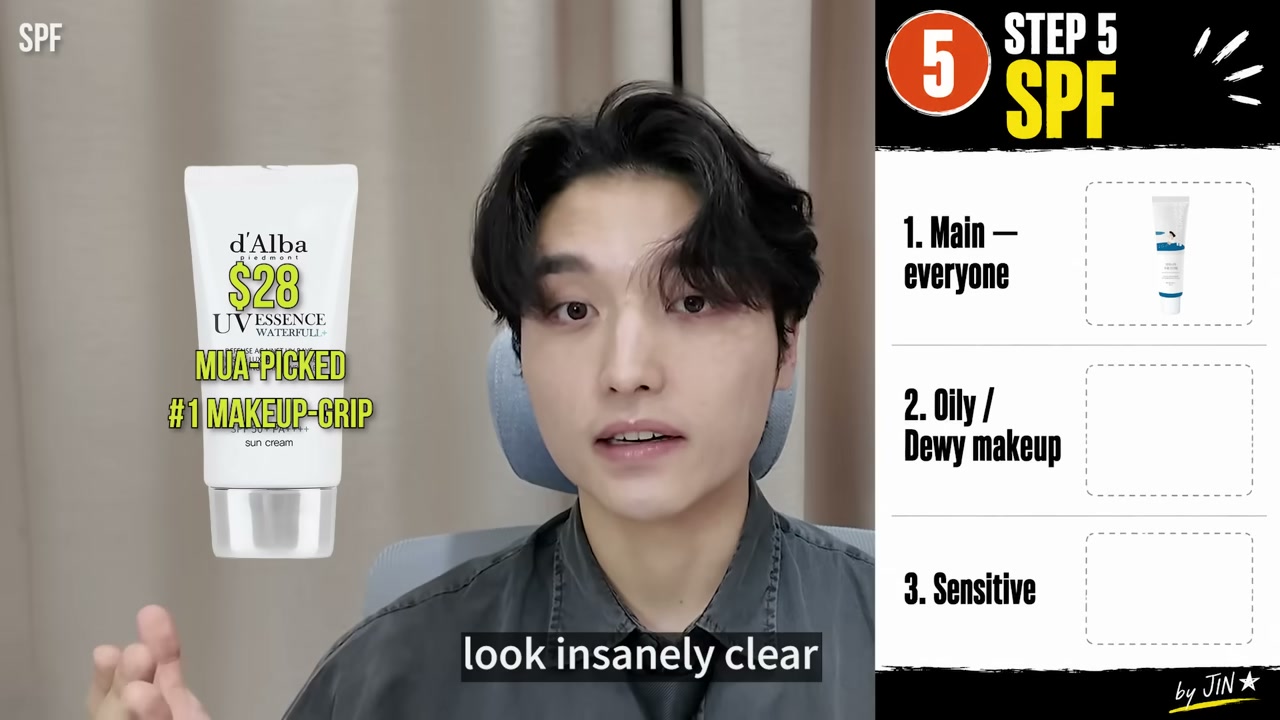 @k-bestie_jin reviewing d'Alba Waterfull Essence Sunscreen at 12:01 in a YouTube Shorts video