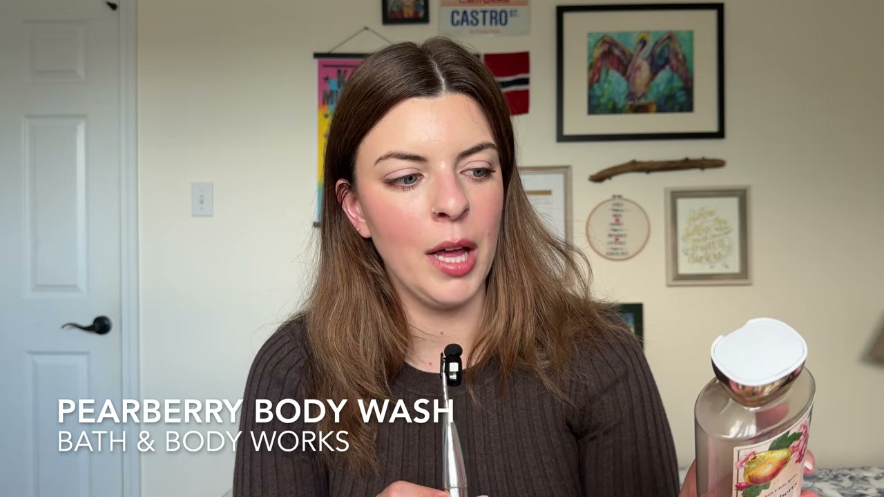 @laura.lavigne reviewing Bath & Body Works Pearberry Body Wash at 30:49 in a YouTube Shorts video