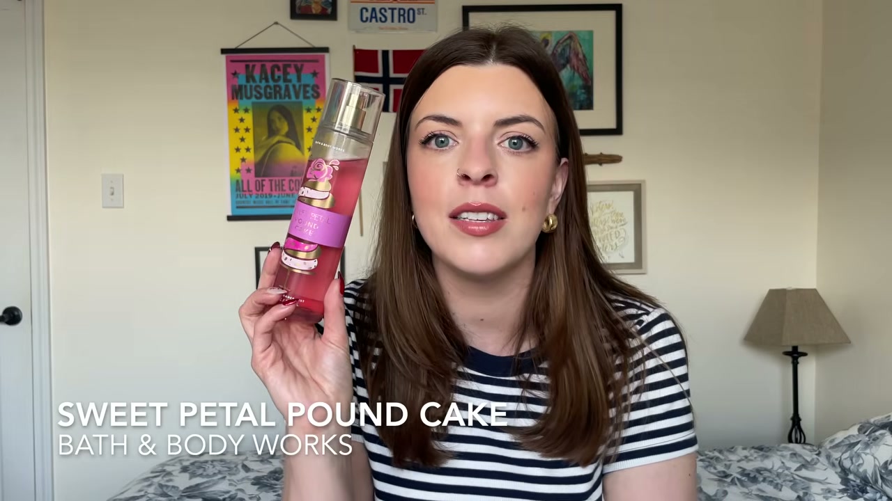 @laura.lavigne reviewing Bath & Body Works Sweet Petal Pound Cake at 10:45 in a YouTube Shorts video
