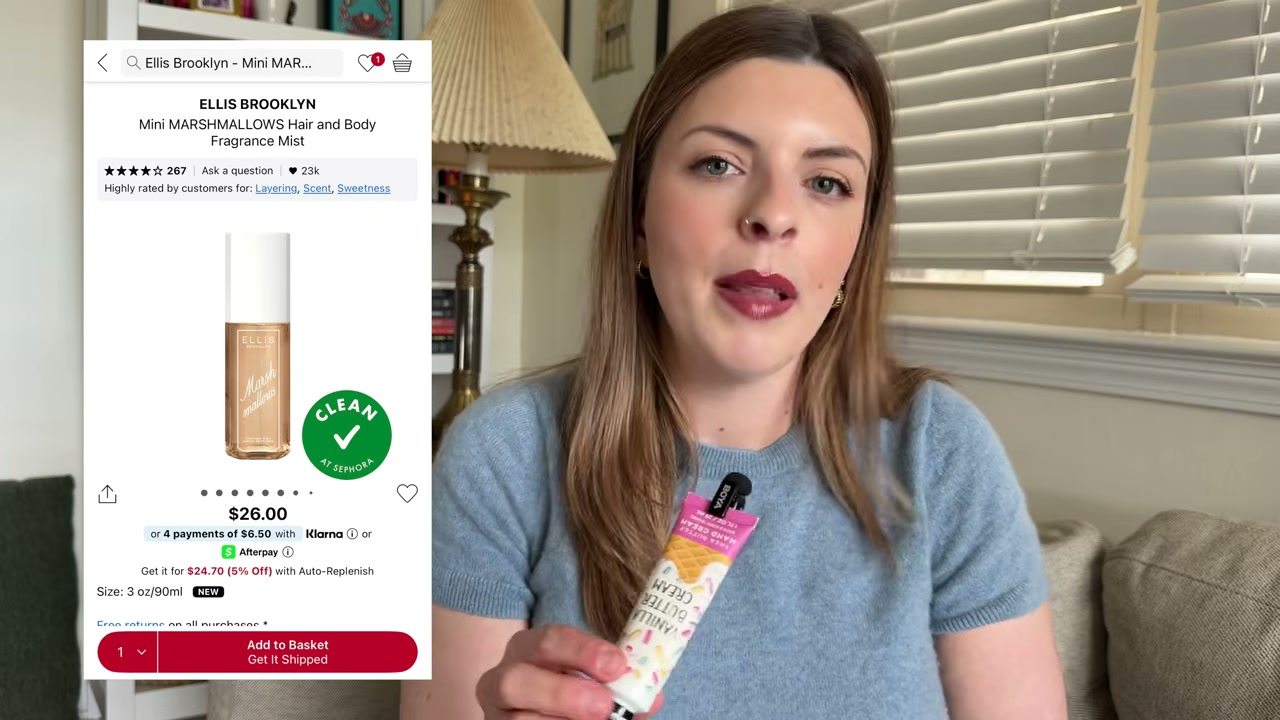 @laura.lavigne reviewing Ellis Brooklyn Marshmallow Body Mist at 05:51 in a YouTube Shorts video