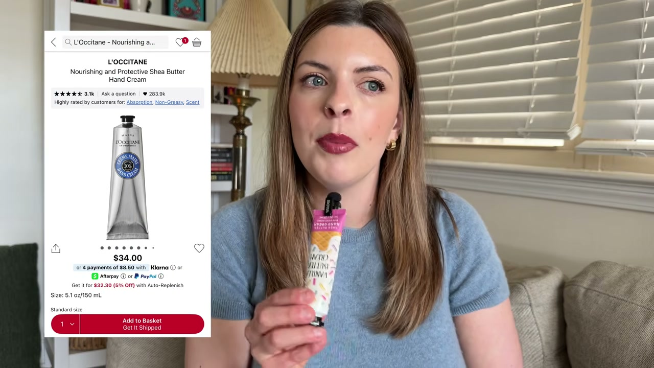 @laura.lavigne reviewing L'Occitane Hand Cream at 03:29 in a YouTube Shorts video