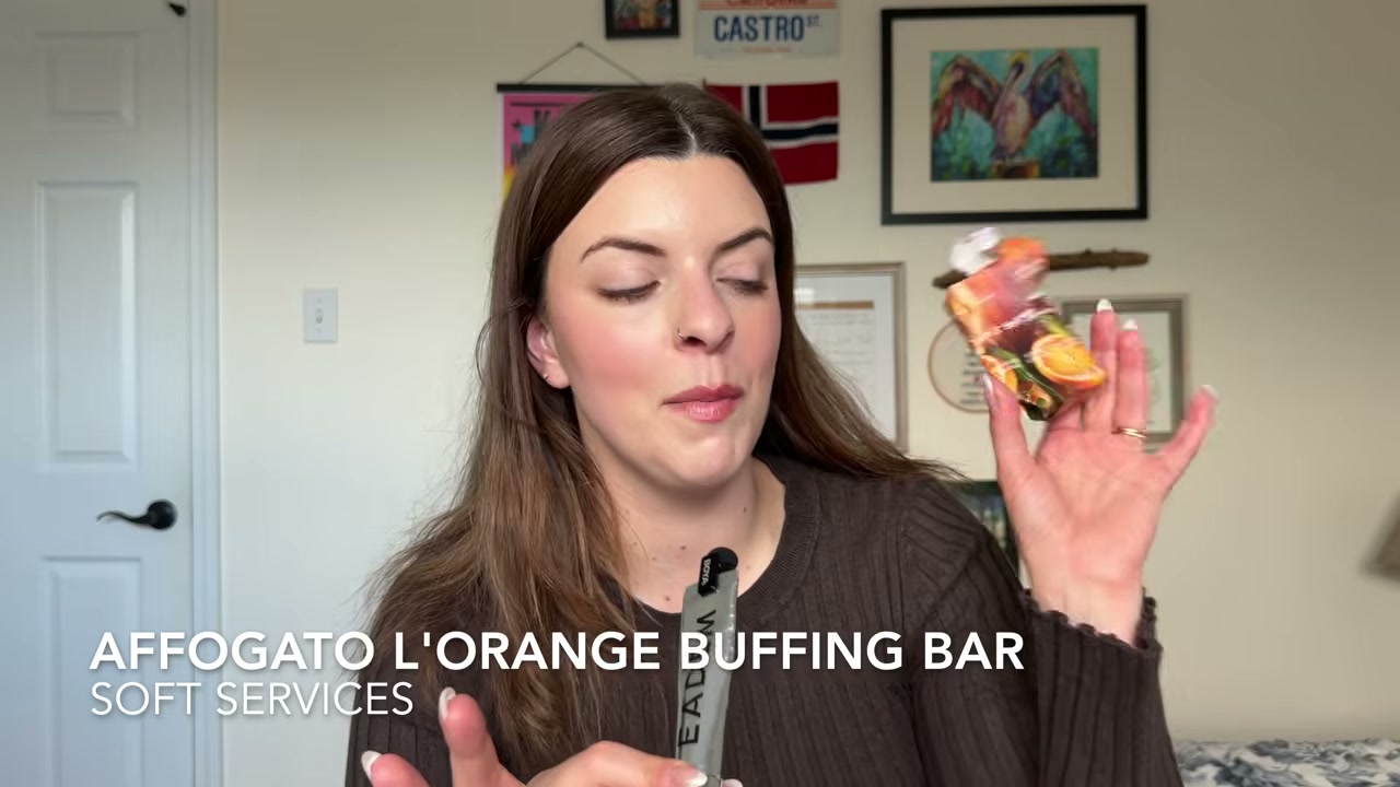 @laura.lavigne reviewing Soft Services Affogato Le Orange Buffing Bar Microcrystal Exfoliant at 34:15 in a YouTube Shorts video
