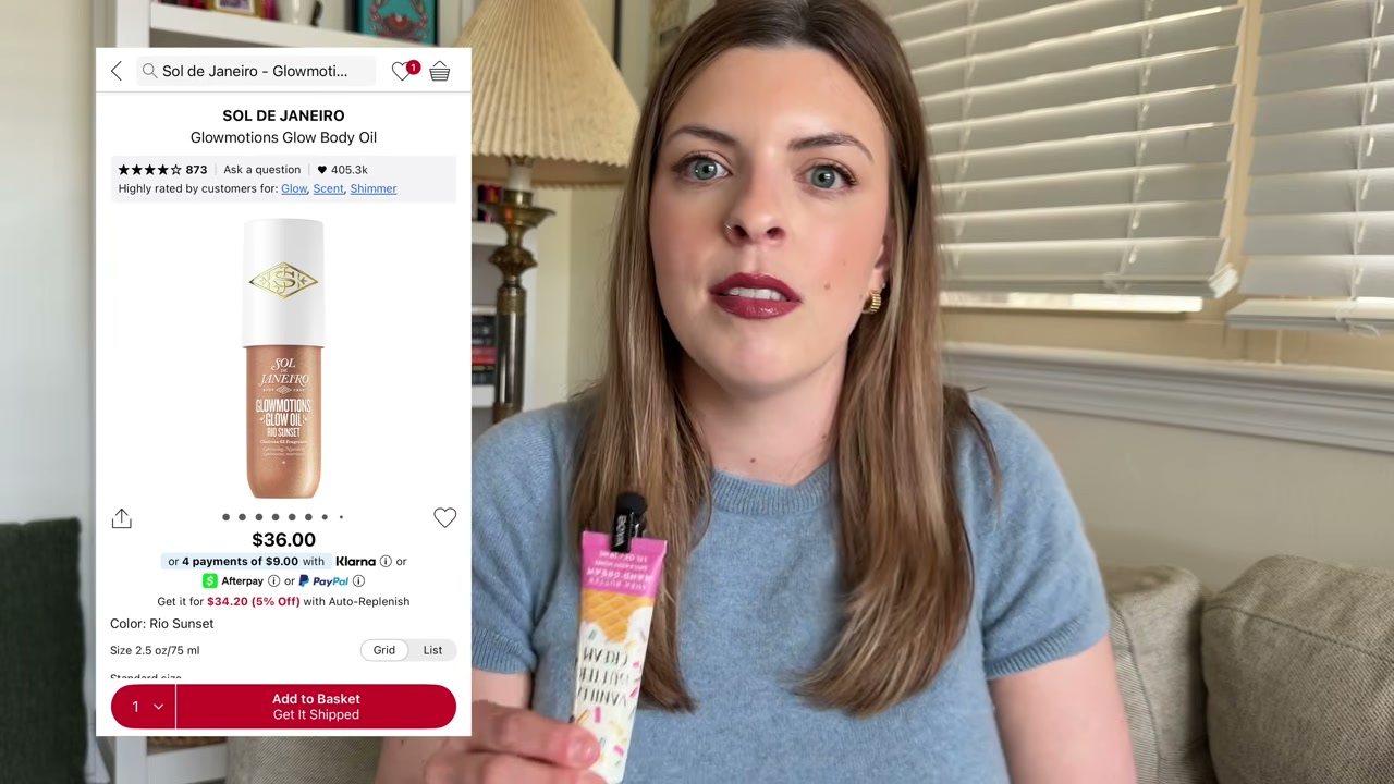 @laura.lavigne reviewing Sol de Janeiro Body Glow at 04:15 in a YouTube Shorts video
