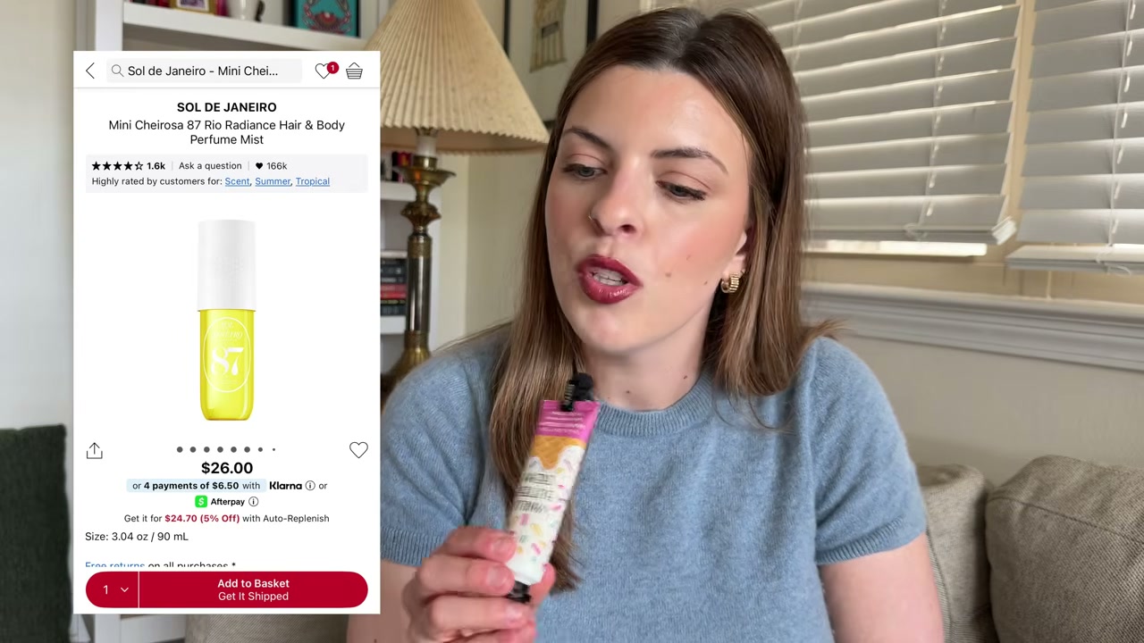 @laura.lavigne reviewing Sol de Janeiro Body Mist at 05:22 in a YouTube Shorts video