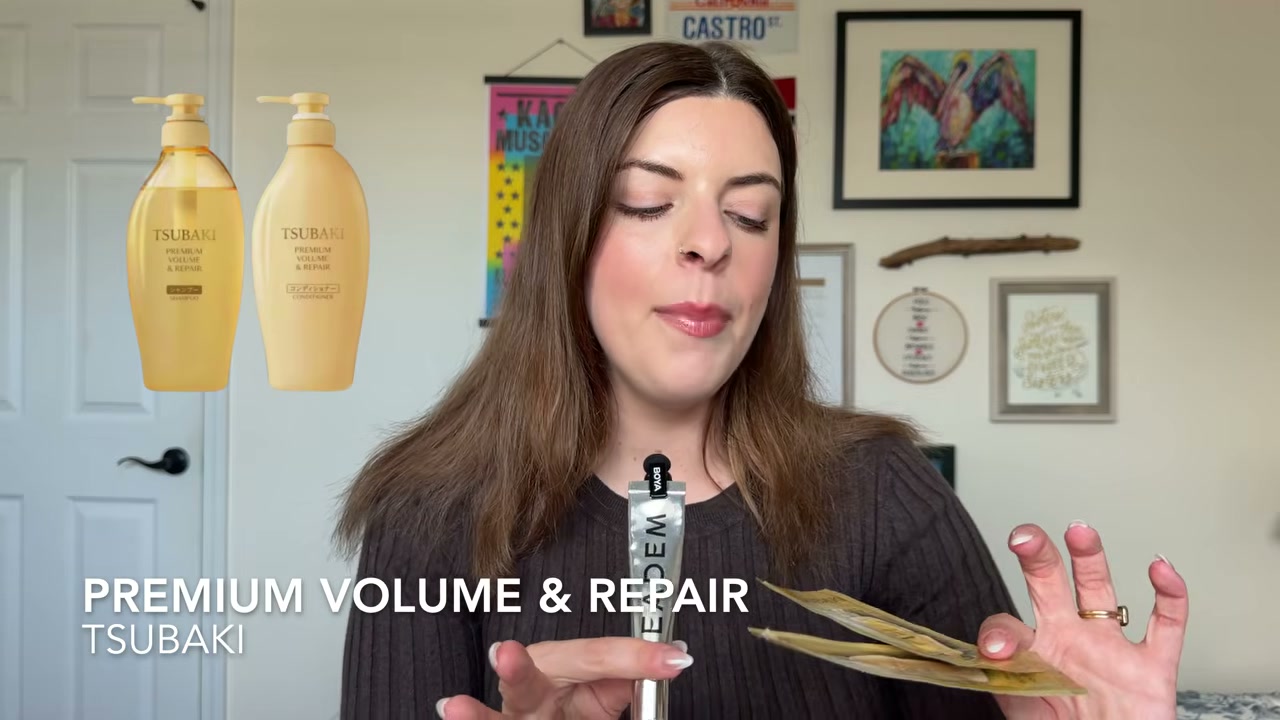 @laura.lavigne reviewing Tsubaki Premium Volume and Repair Shampoo at 03:07 in a YouTube Shorts video