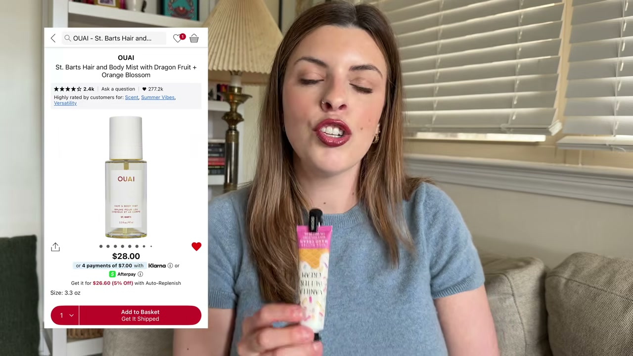 @laura.lavigne reviewing Way St. Barts Body Mist at 06:22 in a YouTube Shorts video