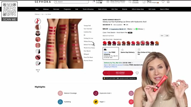 @lisajmakeup reviewing Hung Vanngo Beauty Glossy Lip Hue Hydrating Lip Shine with Hyaluronic Acid at 14:33 in a YouTube Shorts video