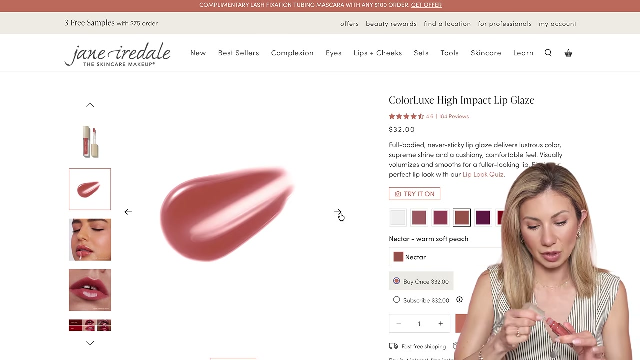@lisajmakeup reviewing jane iredale Colorluxe High Impact Lip Glaze at 14:18 in a YouTube Shorts video