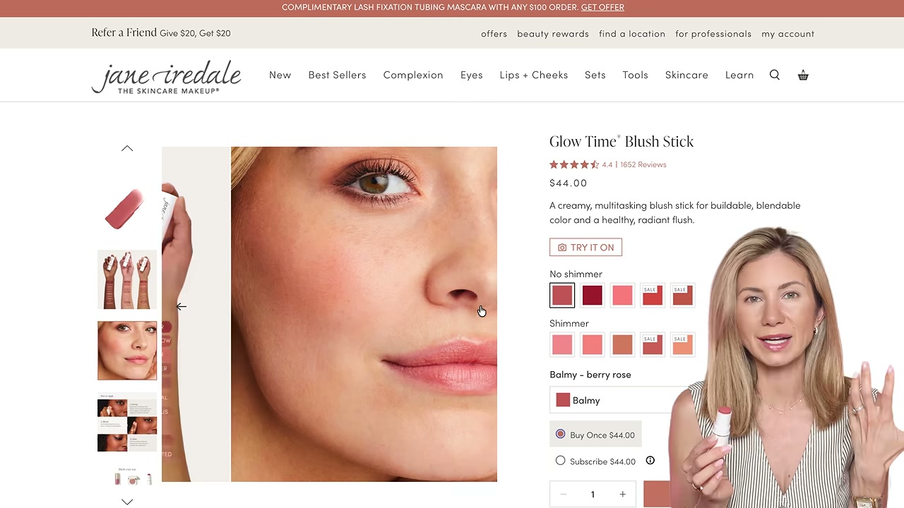 @lisajmakeup reviewing jane iredale Glow Time Blush Stick at 08:31 in a YouTube Shorts video