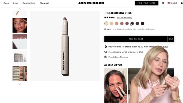 @lisajmakeup reviewing Jones Road Beauty Cream Eyeshadow Sticks at 16:31 in a YouTube Shorts video