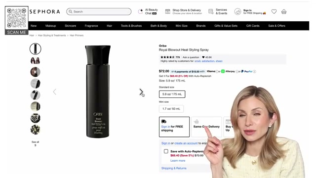@lisajmakeup reviewing Oribe Royal Blowout Heat Styling Spray at 08:22 in a YouTube Shorts video