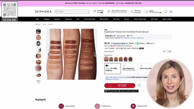 @lisajmakeup reviewing Saie SuperSuede Radiant Baked Bronzer at 07:55 in a YouTube Shorts video