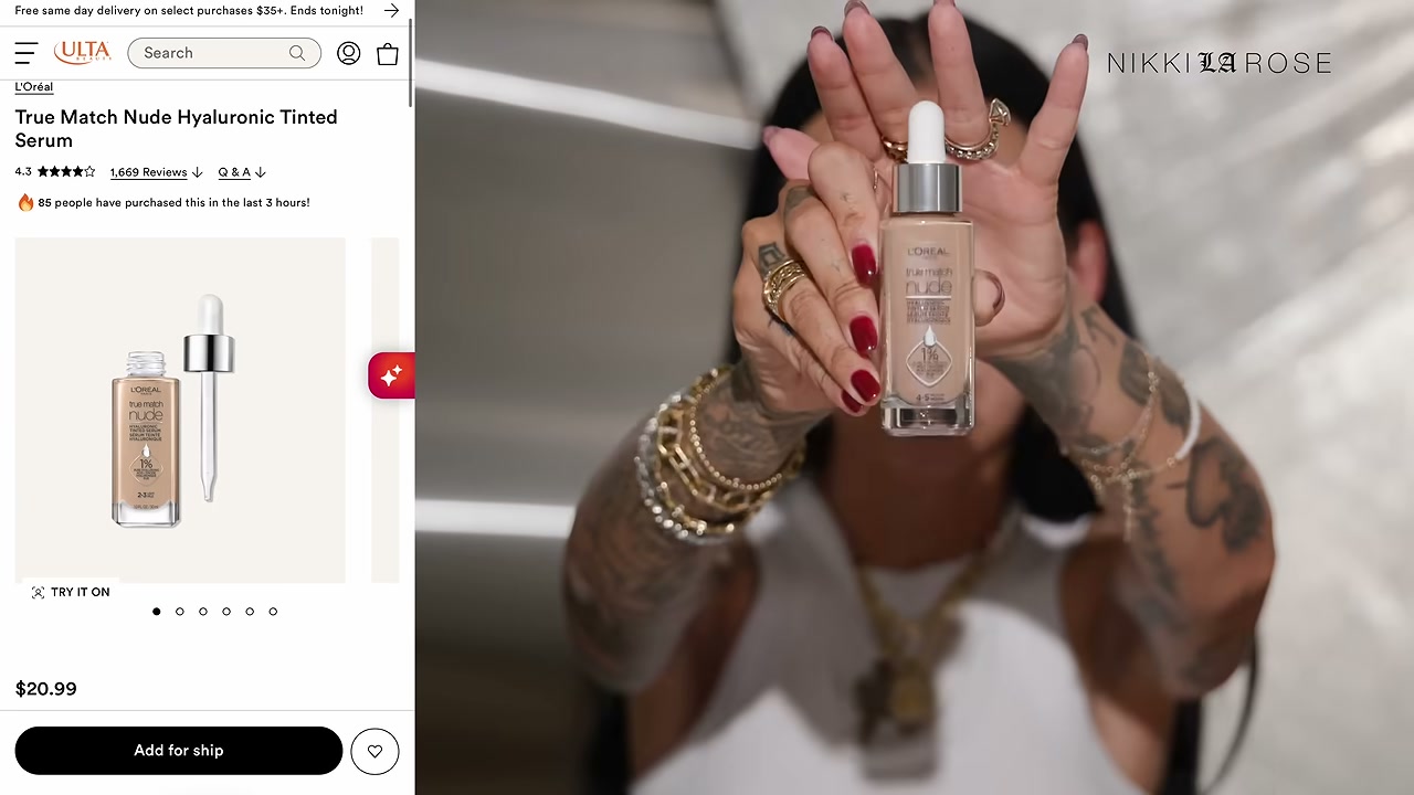 @makeupbynikkilarose reviewing L'Oreal Paris True Match Lumi Nude Tinted Serum at 06:56 in a YouTube Shorts video