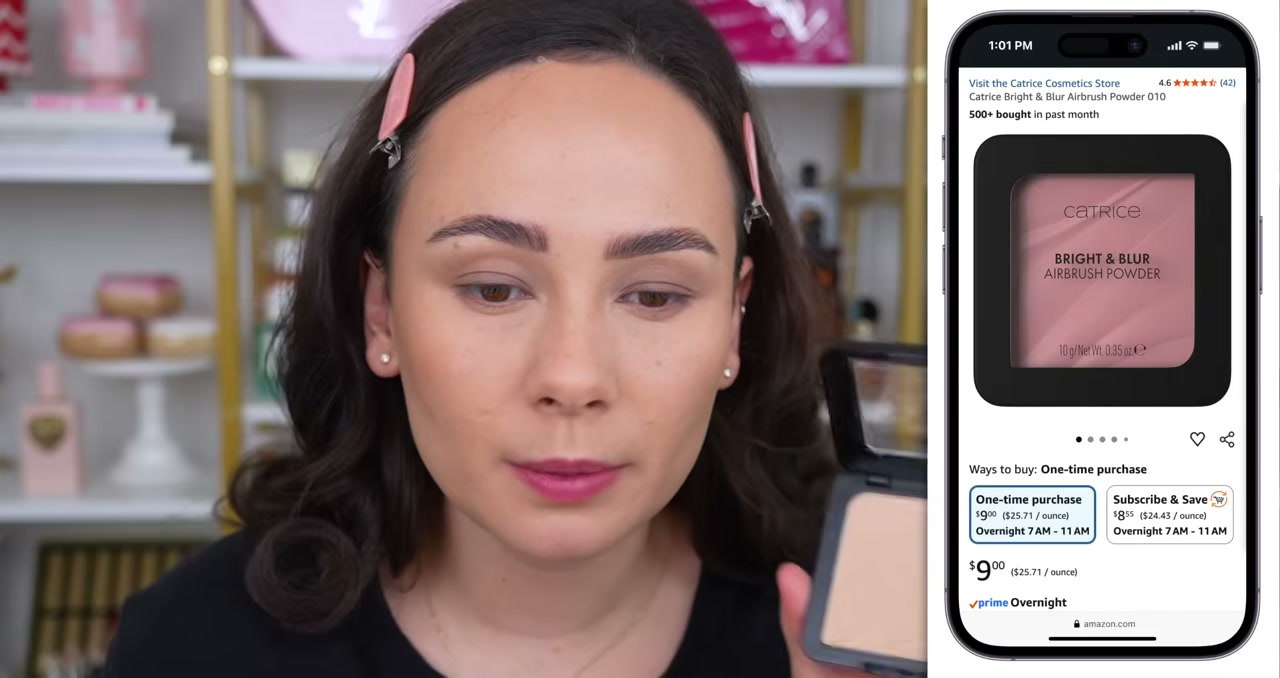@morganturnermakeup reviewing Catrice Bright & Blur Airbrush Powder at 10:23 in a YouTube Shorts video