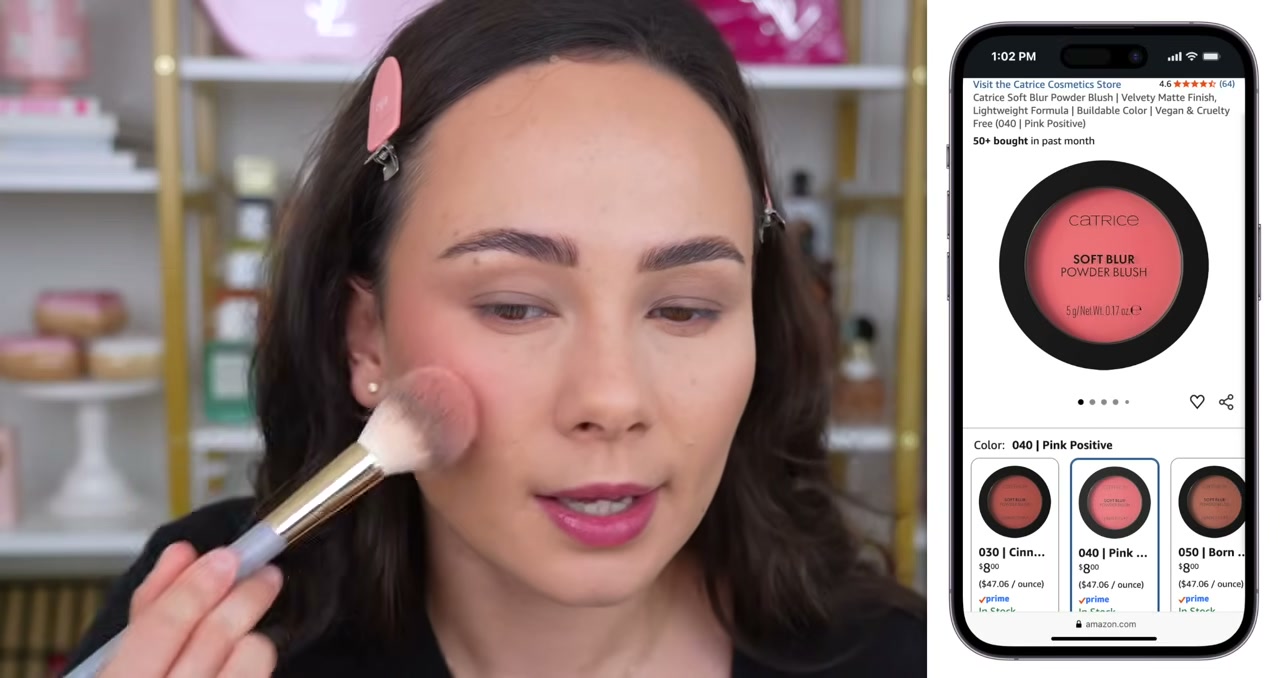 @morganturnermakeup reviewing Catrice Soft Blur Powder Blush at 12:48 in a YouTube Shorts video