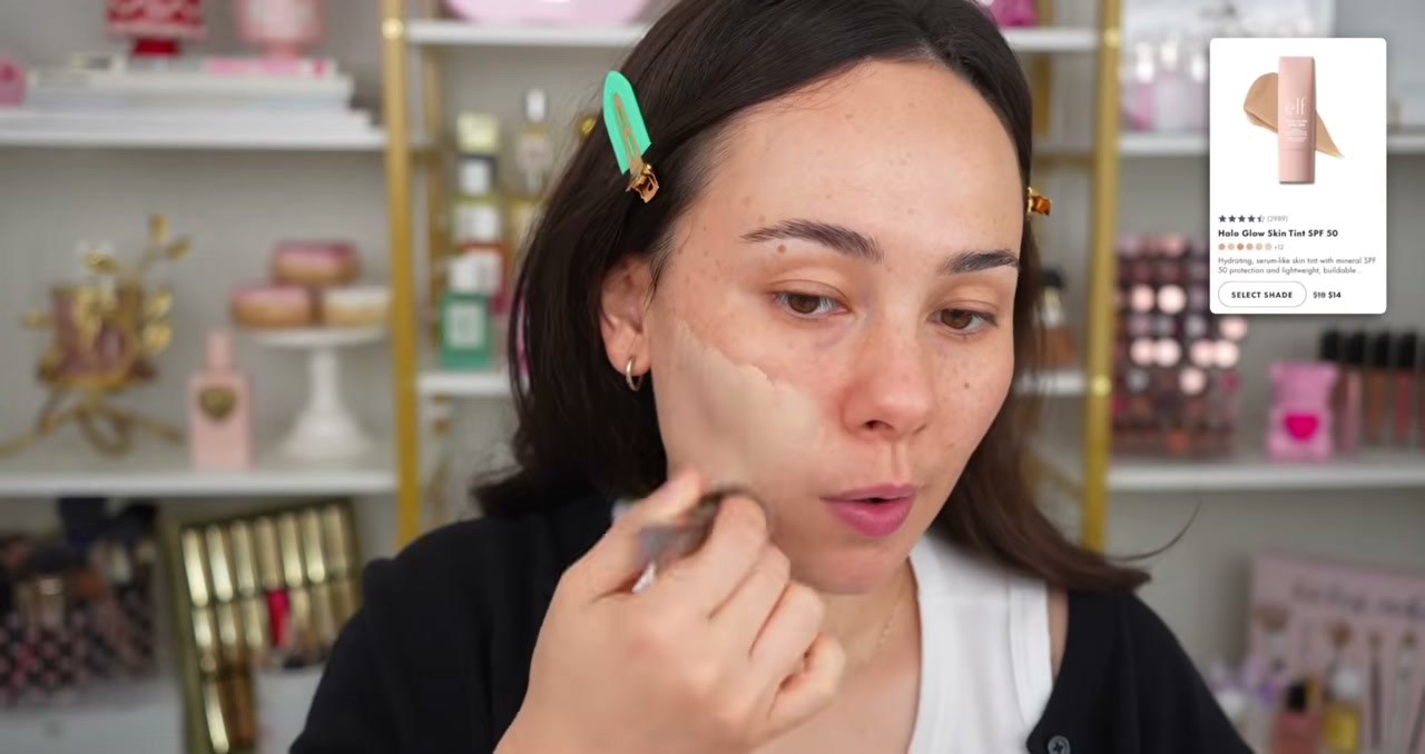 @morganturnermakeup reviewing e.l.f. Cosmetics Halo Glow Skin Tint at 01:33 in a YouTube Shorts video