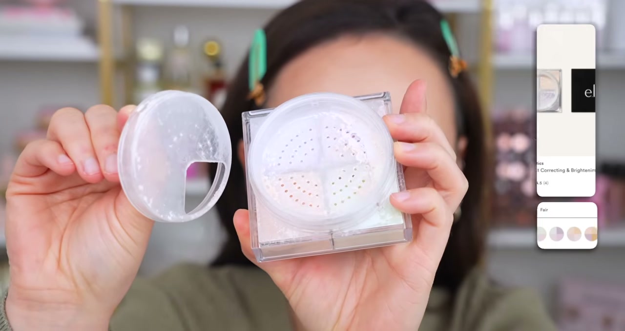 @morganturnermakeup reviewing e.l.f. Cosmetics Set It Bright Correcting & Brightening Setting Powder at 03:24 in a YouTube Shorts video