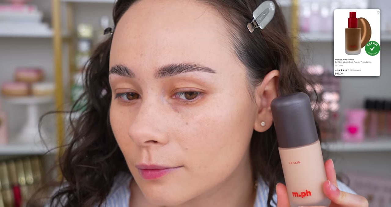 @morganturnermakeup reviewing M.ph Le Skin Weightless Serum Foundation at 05:55 in a YouTube Shorts video
