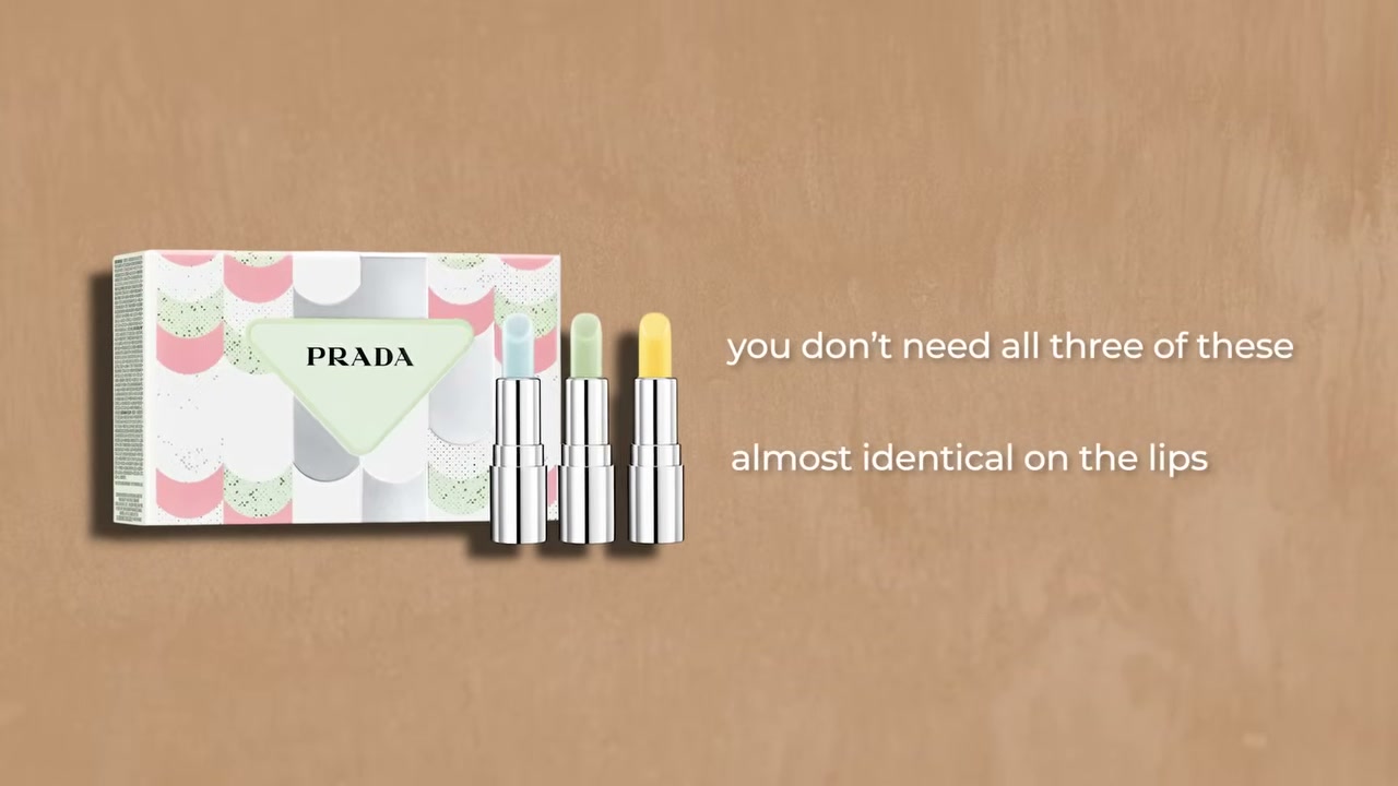 @sofiaseesbeauty reviewing Prada Mini Moisturizing Lip Balm Trio at 37:30 in a YouTube Shorts video