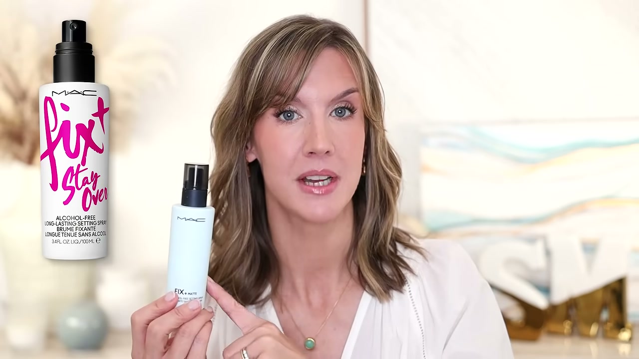 @stephaniemarie reviewing MAC Cosmetics Fix+ Stay Over Alcohol-Free Setting Spray at 10:03 in a YouTube Shorts video