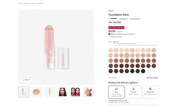@tati reviewing Essence Foundation Stick at 01:14 in a YouTube Shorts video